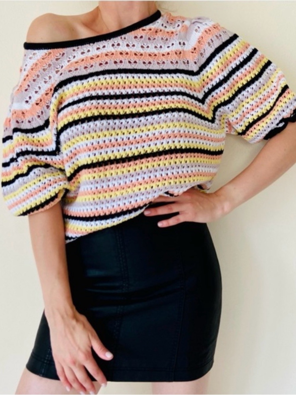 MARC NEW YORK Crochet Striped Top in White, Peach & Yellow Size M 100% cotton